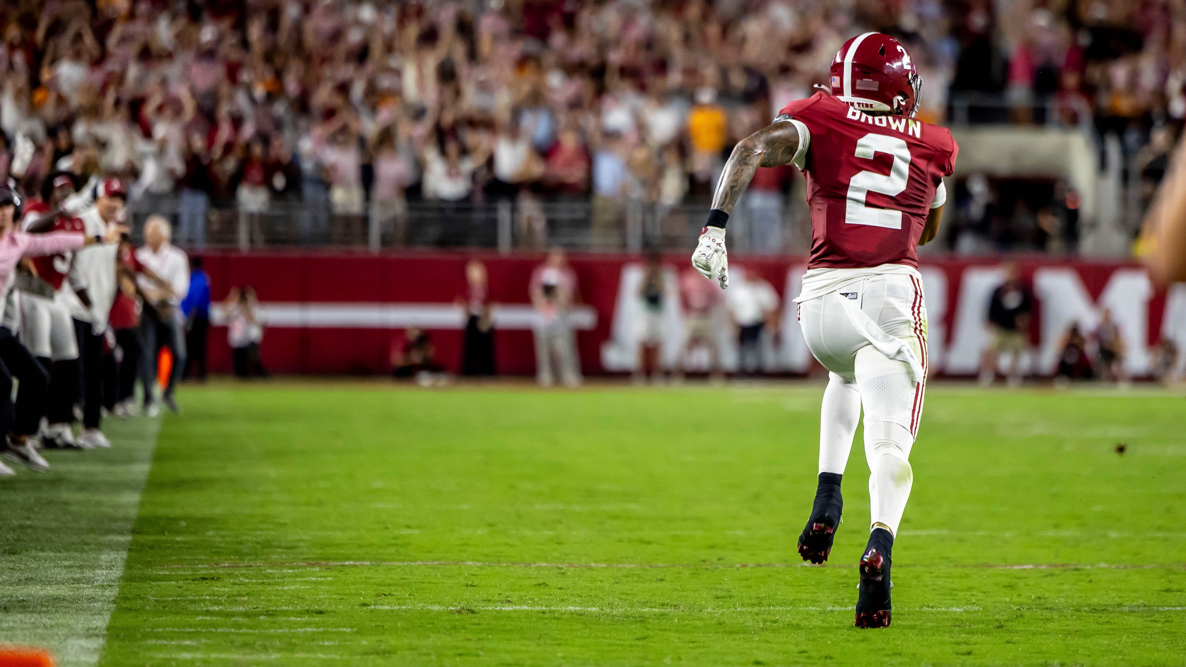 Alabama defensive back Zabien Brown (2) returns an interception for a pick-six touchdown against Tennessee during the first half of an NCAA college football game Saturday, Oct. 18, 2025, in Tuscaloosa, Ala. (AP Photo/Vasha Hunt)