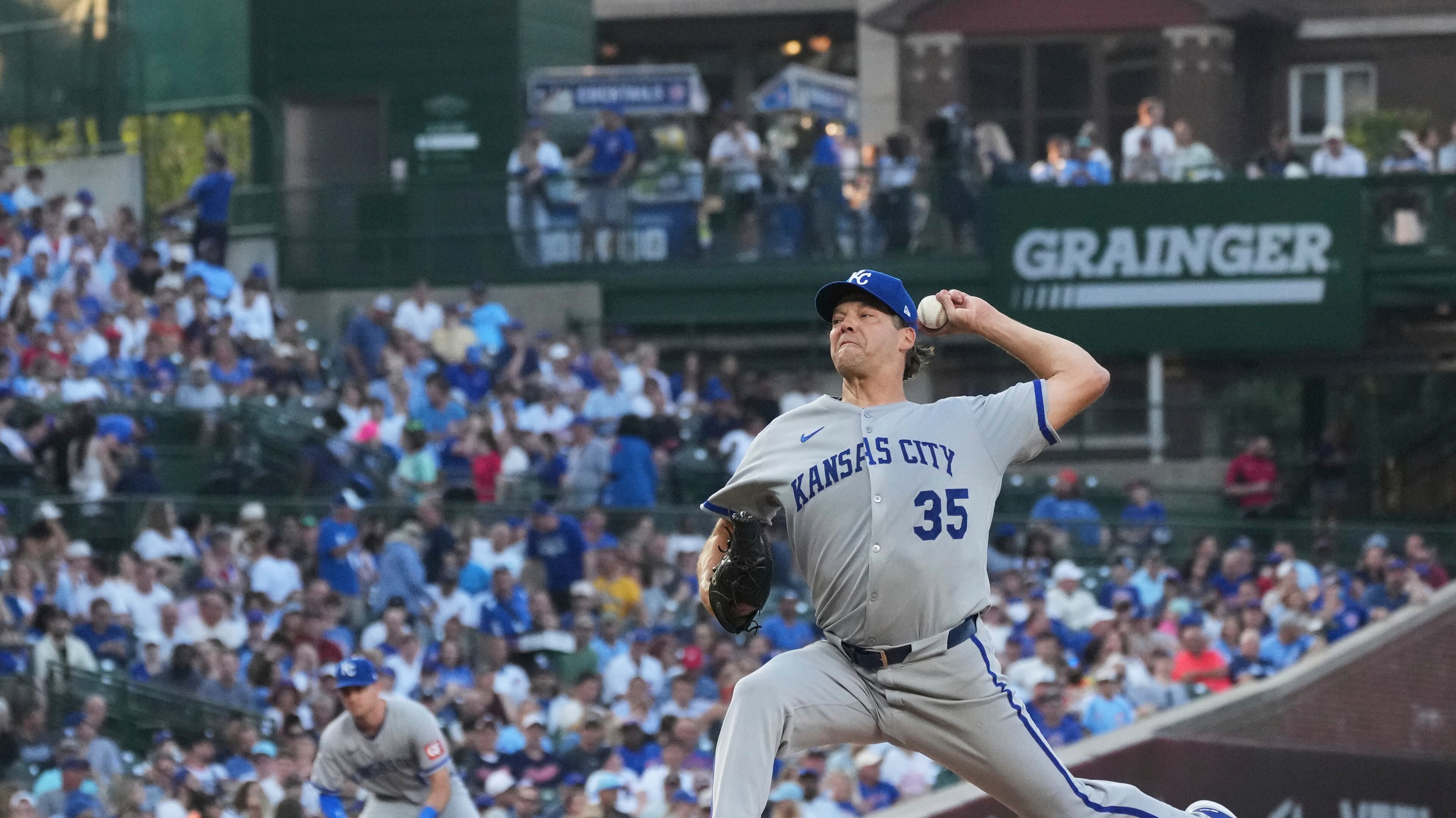 Kansas City Royals starting pitcher Rich Hill throws against the Chicago Cubs during the first inning of a baseball game in Chicago, Tuesday, July 22, 2025. (AP Photo/Nam Y. Huh)