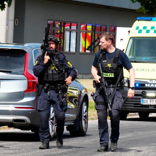 Police respond to the scene of a shooting in Nørresundby, in the North Jutland region in northern Denmark, Friday, July 17, 2026. (Henning Bagger/Ritzau Scanpix via AP)