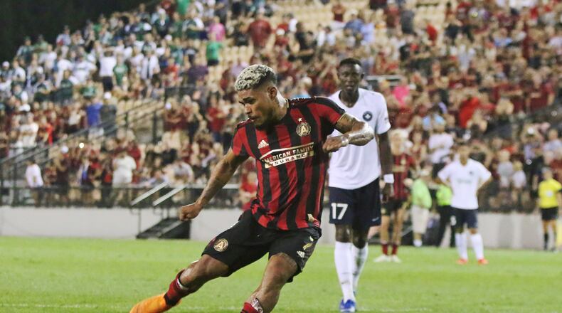 June 10, 2019 Kennesaw- Josef Martinez, 7, forward for Atlanta United, kicks and scores off of a penalty kick during stoppage during a match between Atlanta United and Saint Louis FC at Kennesaw State University in Kennesaw, Georgia on Wednesday, July 10, 2019. Atlanta United defeated Saint Louis FC 2-0. Christina Matacotta/Christina.Matacotta@ajc.com