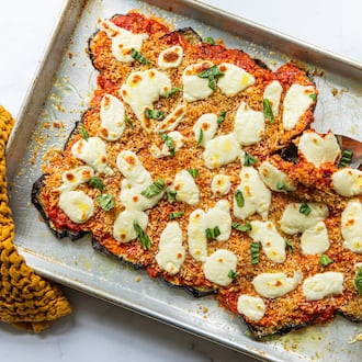 It’s possible to get eggplant Parmesan cooked in less than half an hour. You’ll just need to employ a sheet pan and your broiler. (Aaliyah Man for the AJC/food styled by Kate Williams)