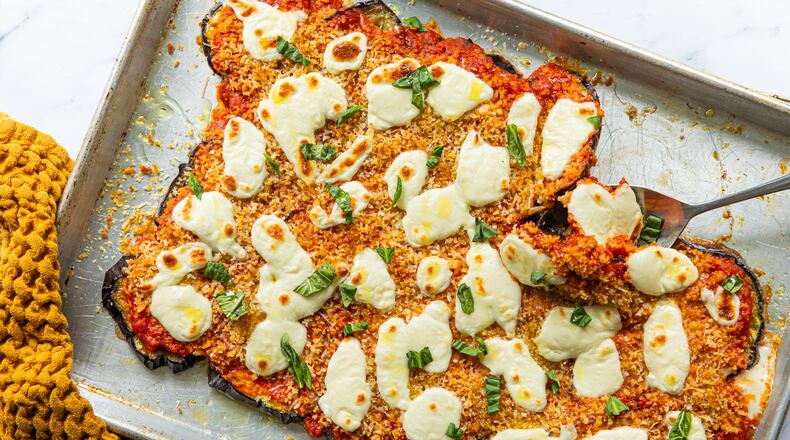 It’s possible to get eggplant Parmesan cooked in less than half an hour. You’ll just need to employ a sheet pan and your broiler. (Aaliyah Man for the AJC/food styled by Kate Williams)