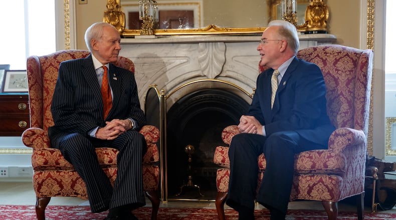 Senate Finance Committee Chairman Sen. Orrin Hatch, R-Utah, left, meets with Secretary of Health and Human Services-designate Rep. Tom Price, R- Ga., Thursday, Dec. 8, 2016, on Capitol Hill in Washington. (AP Photo/Evan Vucci)