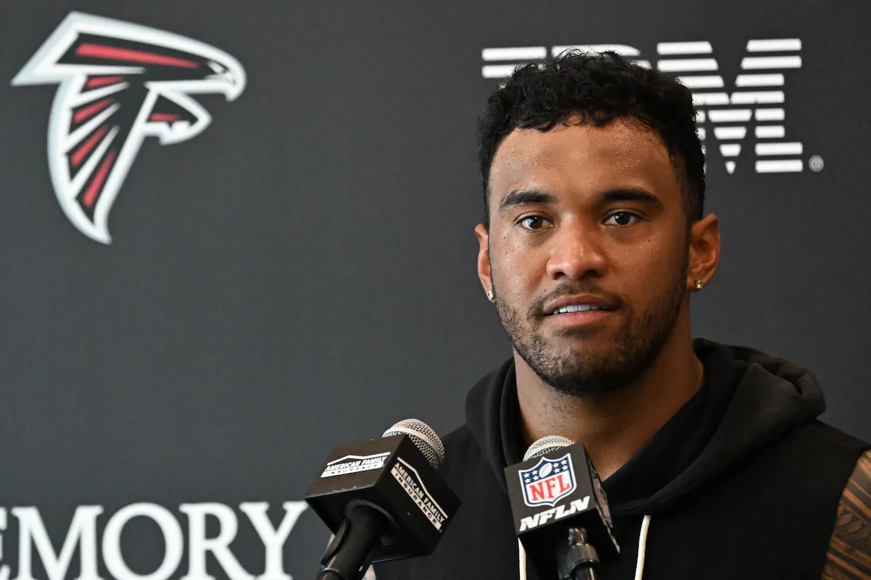 Falcons quarterback Tua Tagovailoa speaks to the media during a news conference at the team's training facility on Wednesday, May 27, 2026, in Flowery Branch. (Hyosub Shin/AJC)