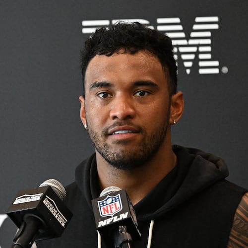 Falcons quarterback Tua Tagovailoa speaks to the media during a news conference at the team's training facility on Wednesday, May 27, 2026, in Flowery Branch. (Hyosub Shin/AJC)
