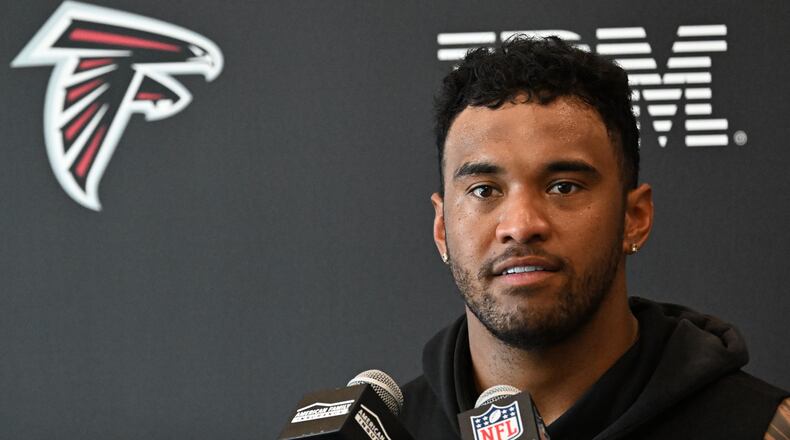 Falcons quarterback Tua Tagovailoa speaks to the media during a news conference at the team's training facility on Wednesday, May 27, 2026, in Flowery Branch. (Hyosub Shin/AJC)