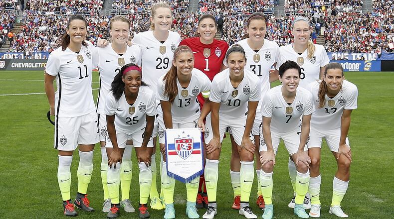 SAN DIEGO, CA - JANUARY 23: The starting lineup for the United States Women's National Soccer Team pose for a photo before playing Ireland at Qualcomm Stadium on January 23, 2016 in San Diego, California. (Photo by Todd Warshaw/Getty Images)