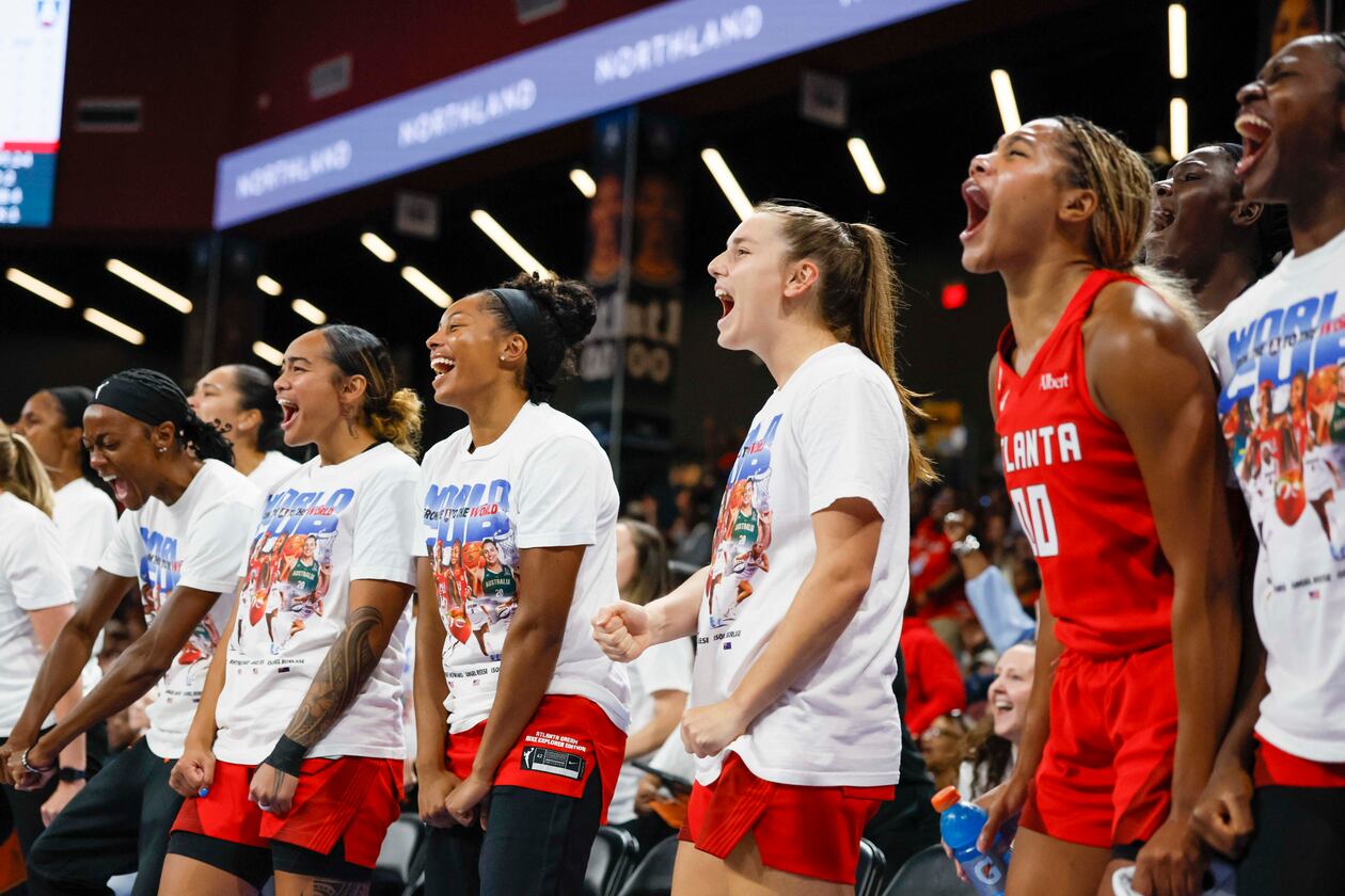 Atlanta Dream bench player reacts after a teammate’s basket during the first half of a WNBA game against the Minnesota Lynx at Gateway Center Arena on Sunday, Aug. 30, 2026, in Atlanta. (Miguel Martinez/ AJC)