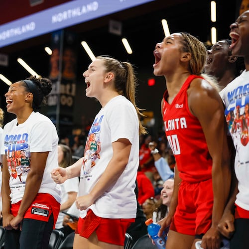 Atlanta Dream bench player reacts after a teammate’s basket during the first half of a WNBA game against the Minnesota Lynx at Gateway Center Arena on Sunday, Aug. 30, 2026, in Atlanta. (Miguel Martinez/ AJC)