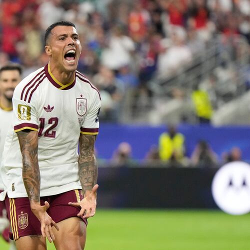 Spain's Pedro Porro reacts after scoring his side's second goal during the World Cup semifinal soccer match between France and Spain in Arlington, Texas, near Dallas, Tuesday, July 14, 2026. (AP Photo/Ashley Landis)