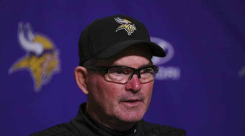 Minnesota Vikings head coach Mike Zimmer addresses the media after an NFL football game against the Detroit Lions, Thursday, Nov. 23, 2017, in Detroit. (AP Photo/Rick Osentoski)