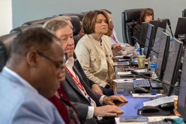 MARTA board members listen to Mayor Andre Dickens speak at the MARTA headquarters in Atlanta on Thursday, March 13, 2025. His remarks come in the midst of an ongoing back-and-forth fight between the city and MARTA over transit expansion in Atlanta. (Arvin Temkar/AJC)