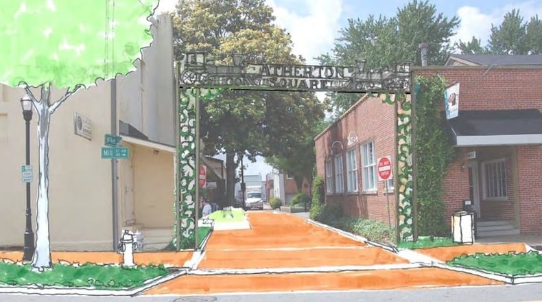 An artist’s rendering shows what a renovated Atherton Square should look like near the also-to-be-renovated train depot near the Marietta Square. Courtesy of Marietta