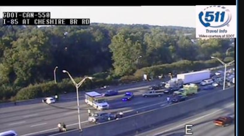 Traffic was briefly blocked after a multi-vehicle accident on I-85 southbound at Cheshire Bridge Road on Tuesday. (Channel 2 Action News via GDOT)