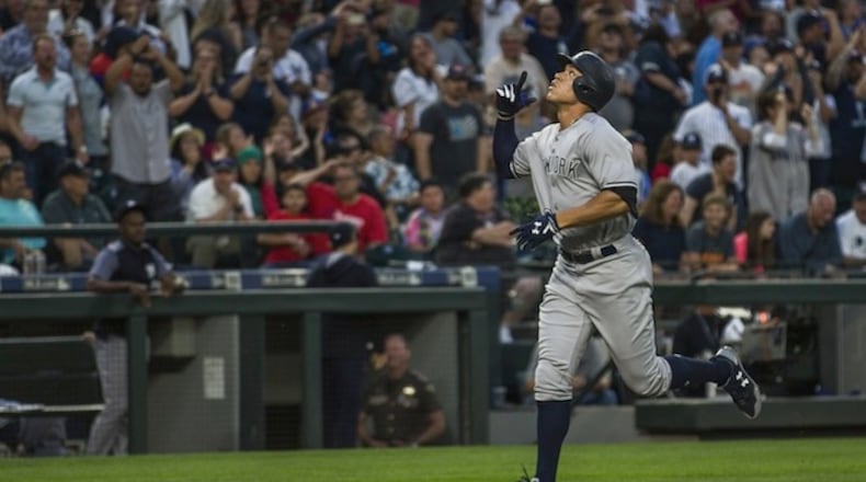 The New York Yankees' Aaron Judge celebrates after hitting a three-run home run in the fifth inning against the Seattle Mariners on Friday, July 21, 2017, at Safeco Field in Seattle. The Yankees won, 5-1. (Kjell Redal/Seattle Times/TNS)