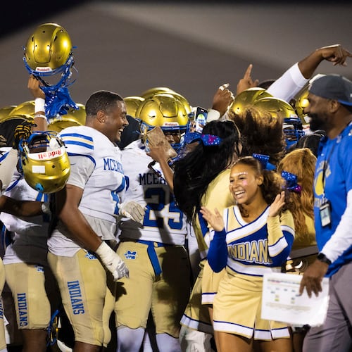 McEachern players celebrate their victory against Hillgrove at Cobb Energy Hillgrove Stadium in Powder Springs, GA on Friday, October 17th, 2025. (Oscar Guevara Saenz for the AJC)