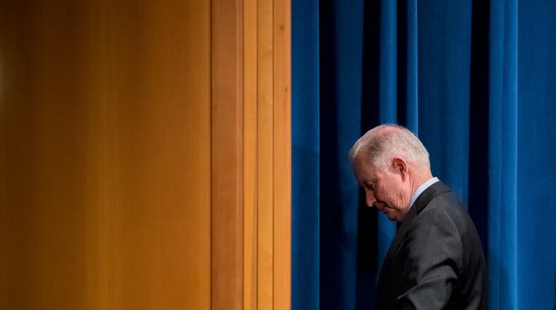 Attorney General Jeff Sessions departs a news conference after announcing an international cybercrime enforcement action at the Department of Justice on Thursday in Washington. AP/Andrew Harnik