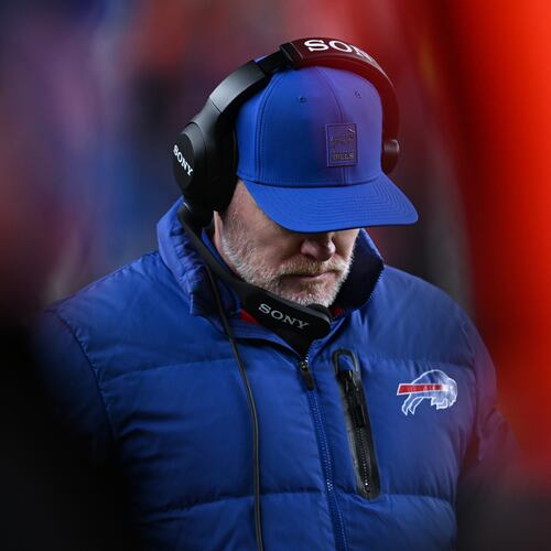 Buffalo Bills head coach Sean McDermott reacts during the second half of an NFL divisional round playoff football game against the Denver Broncos, Saturday, Jan. 17, 2026, in Denver. (AP Photo/RJ Sangosti)