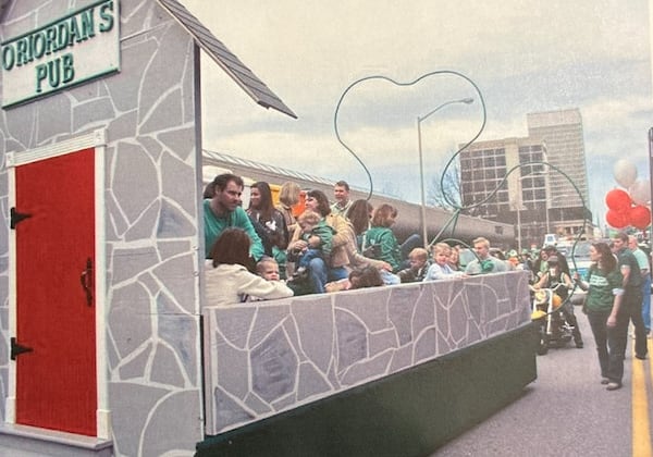 The Riordan family has been participating in Atlanta's St. Patrick's Parade for 55 years. Their float is modeled on a classic Irish watering hole, which they dubbed O'Riordan's Pub. (Courtesy of the Riordan family)