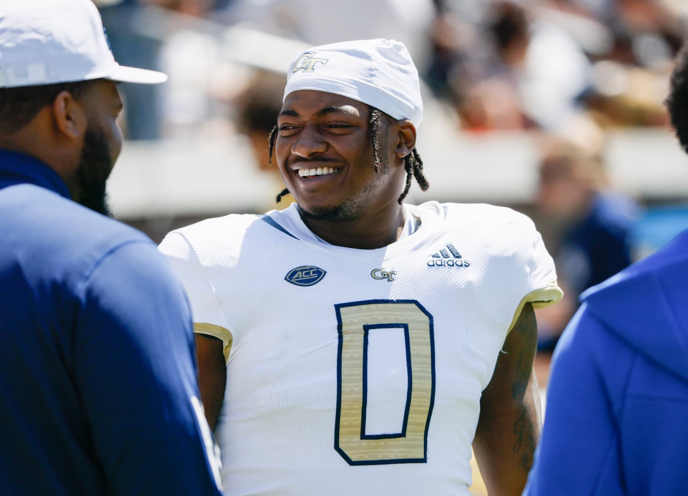 Linebacker Melvin Jordan IV takes a breather during Georgia Tech football team's annual White and Gold game in Atlanta on Saturday, April 12, 2025.  Players split into two teams — Team Swarm and Team Wreck ‘Em — with some players being asked to play on both squads.  (Bob Andres for the Atlanta Journal Constitution)