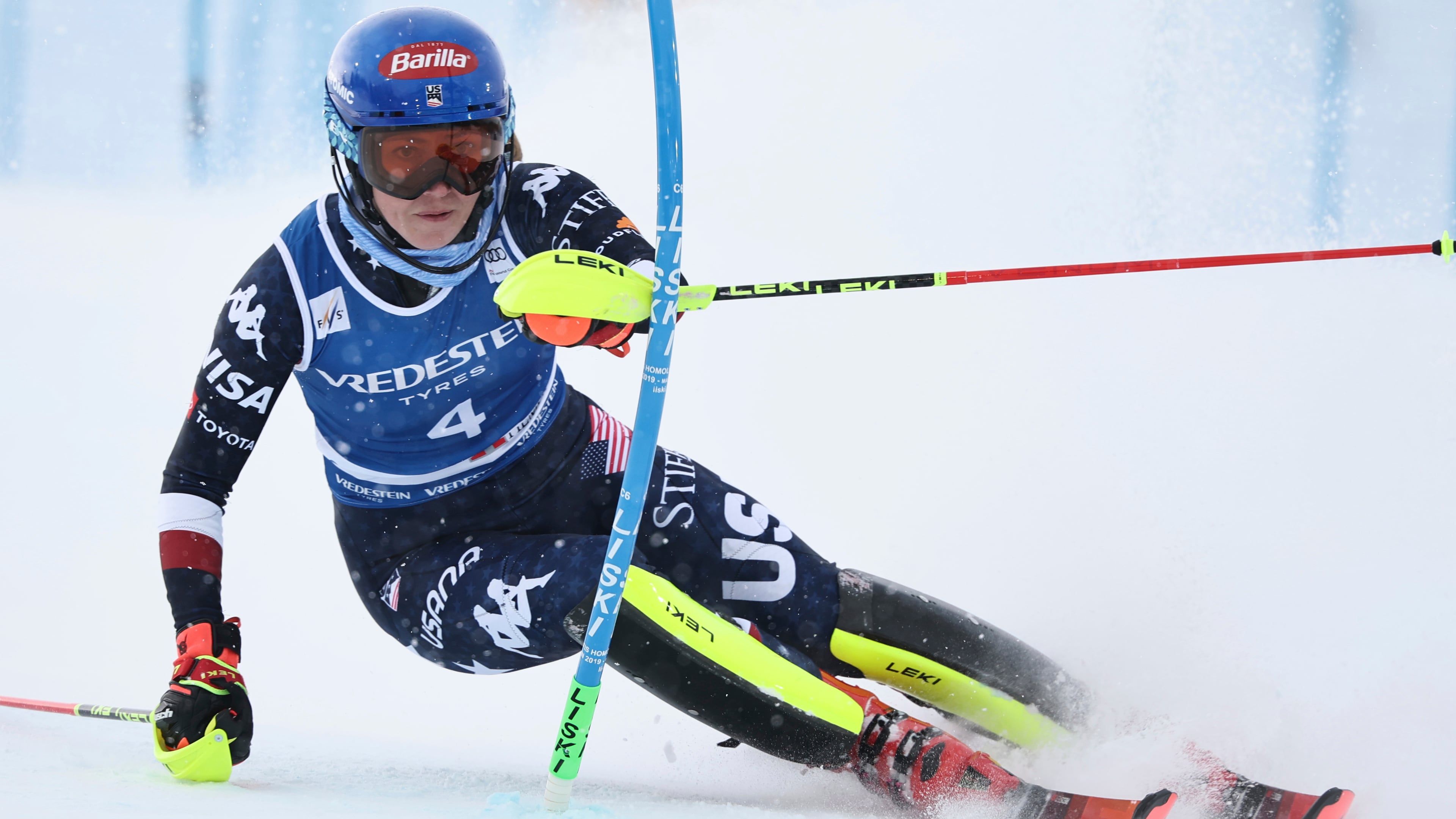 FILE - United States' Mikaela Shiffrin speeds down the course during an alpine ski, women's World Cup slalom, in Sestriere, Italy, Sunday, Feb. 23, 2025. (AP Photo/Marco Trovati, File)