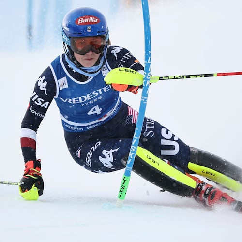 FILE - United States' Mikaela Shiffrin speeds down the course during an alpine ski, women's World Cup slalom, in Sestriere, Italy, Sunday, Feb. 23, 2025. (AP Photo/Marco Trovati, File)
