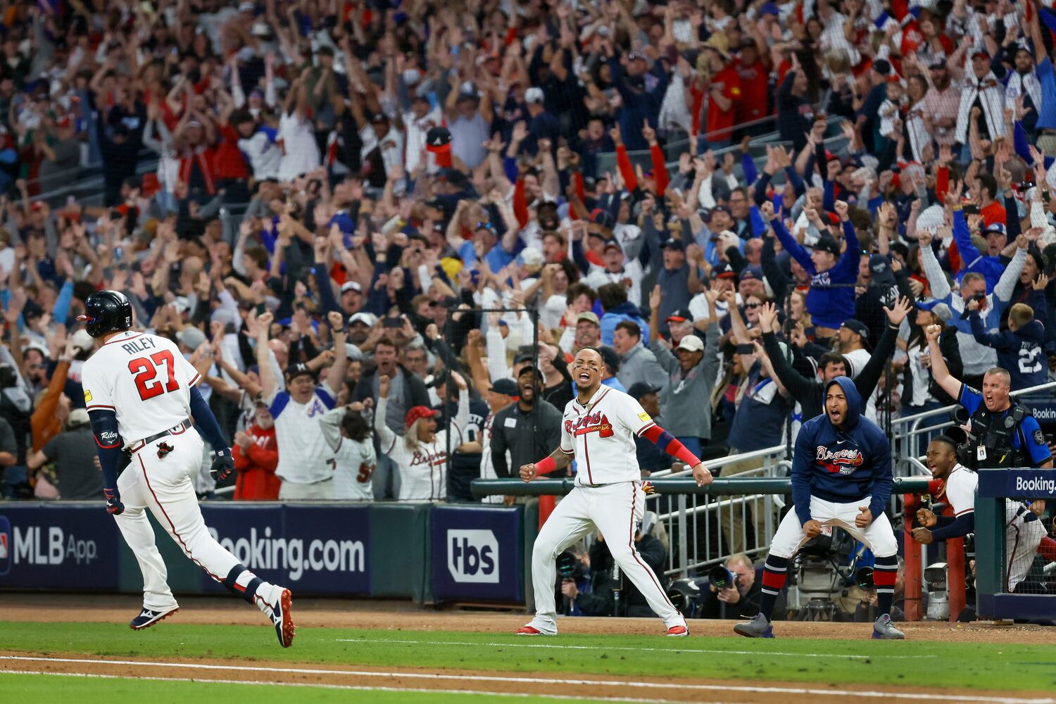 Atlanta Braves’ Austin Riley (27) hits a two-run home run against the Philadelphia Phillies during the eighth inning of NLDS Game 2 in Atlanta on Monday, Oct. 9, 2023.   (Miguel Martinez / Miguel.Martinezjimenez@ajc.com)