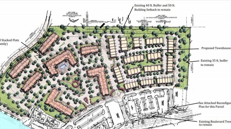 This is the site plan for the East Village Roswell, a 350-apartment development on the site of a former Super Target on Holcomb Bridge Road. (The Worthing Companies)