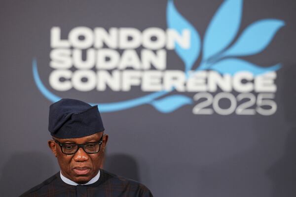 Bankole Adeoye, Political Affairs, Peace and Security Commissioner for the African Union, attends the London Sudan conference at Lancaster House in London, Tuesday, April 15, 2025. (Isabel Infantes/Pool Photo via AP)