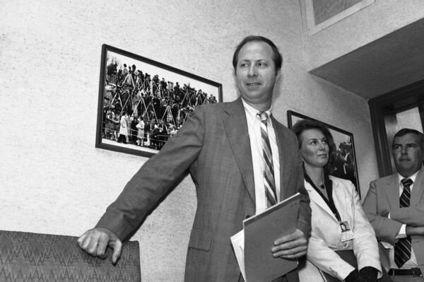 FILE - David Gergen, who has been named by President Ronald Reagan to be his assistant for communications, stands in the press briefing room in the White House in Washington on June 18, 1981. (AP Photo/Dennis Cook, File)