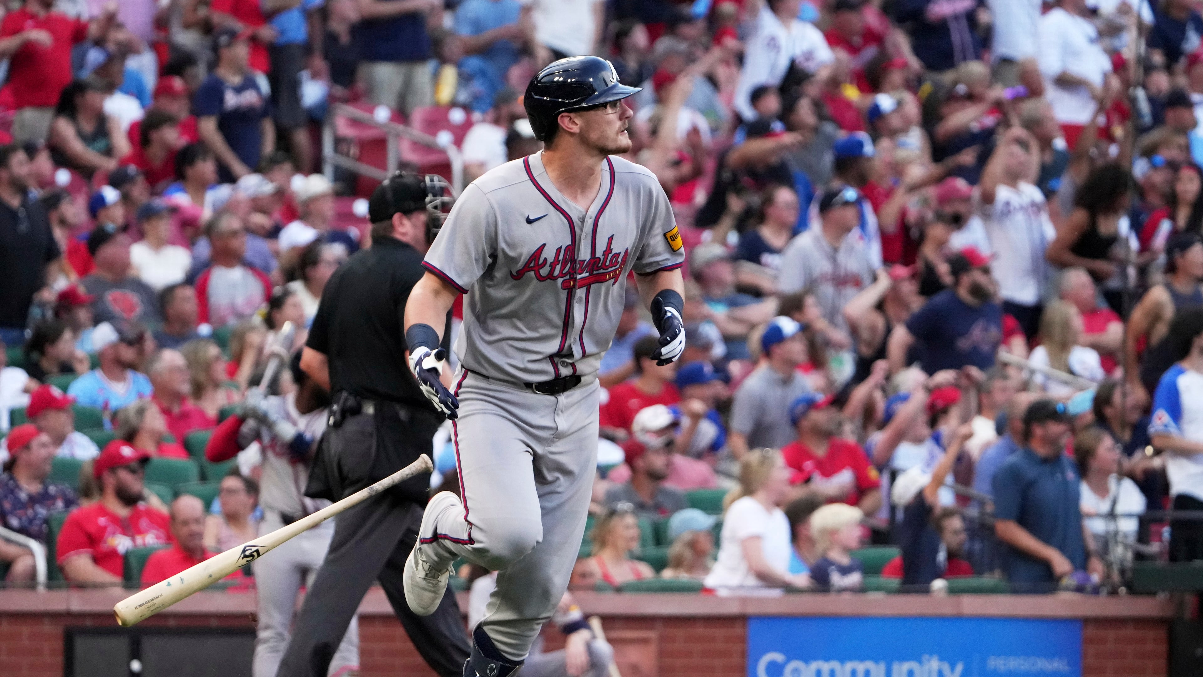 Atlanta Braves' Sean Murphy watches his two-run home run during the first inning of a baseball game against the St. Louis Cardinals, Friday, July 11, 2025, in St. Louis. Murphy has dealt with a hip issue over the past three seasons. (Jeff Roberson/AP)