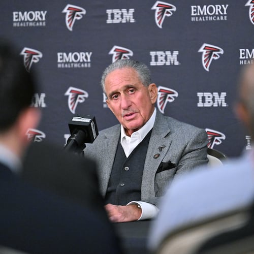 Atlanta Falcons owner Arthur Blank speaks during a news conference at the Arthur M. Blank Family Office, Thursday, Jan. 8, 2026, in Atlanta. (Hyosub Shin/AJC)