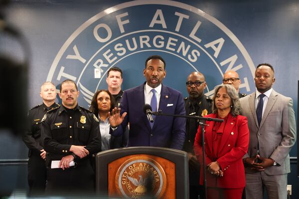 Mayor Andre Dickens speaks during a press conference at the Atlanta Police Department Public Safety Headquarters on Monday, April 6, 2026. The press conference was held to discuss the violence that took place over the weekend during the 404 Day celebration in Piedmont Park. (Abbey Cutrer/AJC)
