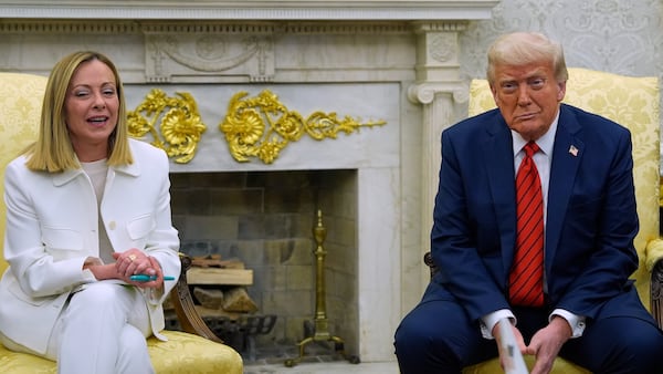 President Donald Trump meets with Italy's Prime Minister Giorgia Meloni in the Oval Office of the White House, Thursday, April 17, 2025, in Washington. (AP Photo/Alex Brandon)