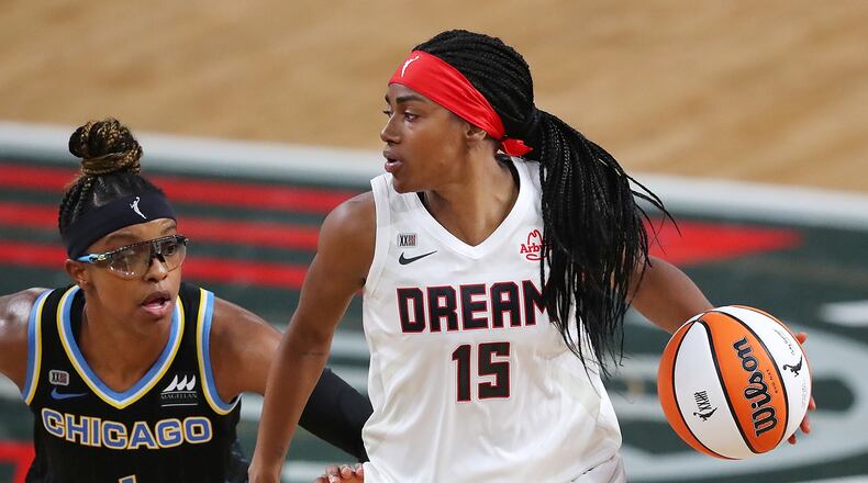 Dream guard Tiffany Hayes works against the Chicago Sky in a WNBA game Wednesday, May 19, 2021, in College Park.  “Curtis Compton / Curtis.Compton@ajc.com”