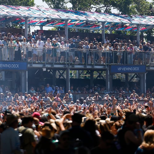 Crowds move between stages during the first day of the BottleRock Music Festival held at the Napa Valley Expo in Napa, Calif., Friday, May 22, 2026. (Jessica Christian/San Francisco Chronicle via AP)