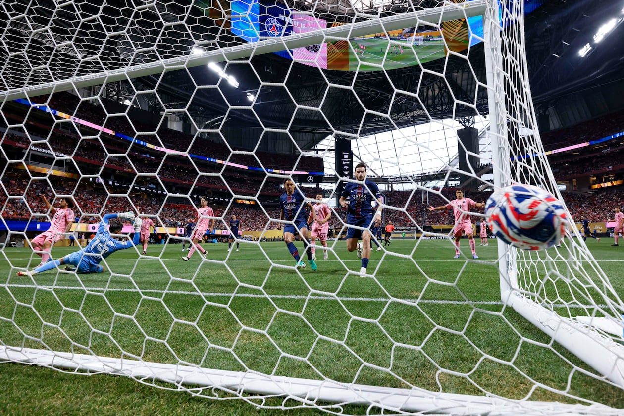 Miami goalkeeper Drake Callender (1) was unable to prevent the goal as Paris Saint-Germain midfielder João Neves (87), not pictured, scored his team’s first goal during the Club World Cup round of 16 soccer match between Paris Saint-Germain FC and Inter Miami in Atlanta, June 29, 2025. (Miguel Martinez/AJC)