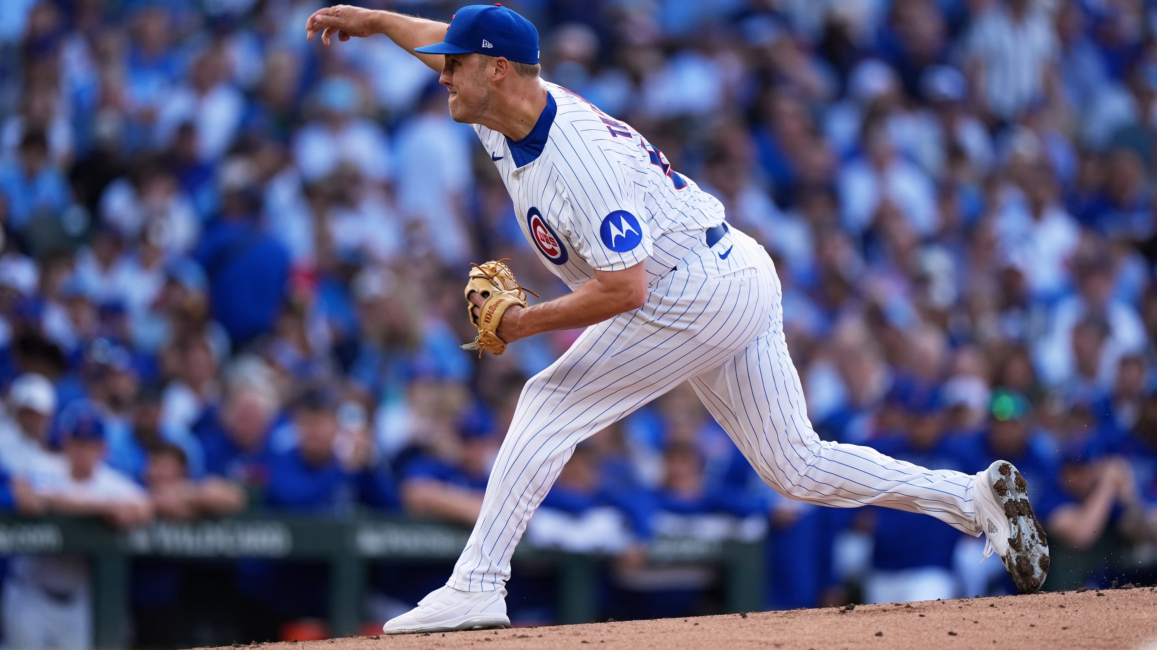 Chicago Cubs' Jameson Taillon throws during the first inning of Game 3 of a National League wild card baseball game against the San Diego Padres Thursday, Oct. 2, 2025, in Chicago. (AP Photo/Nam Huh)