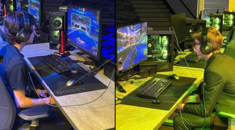 Alex Rawlins (left) of Treutlen and Noah McCotter of Whitewater compete in the Class 4A-A Rocket League championship of the GHSA's esports tournament in Cartersville. Treutlen won the title, defending its 2024 championship.