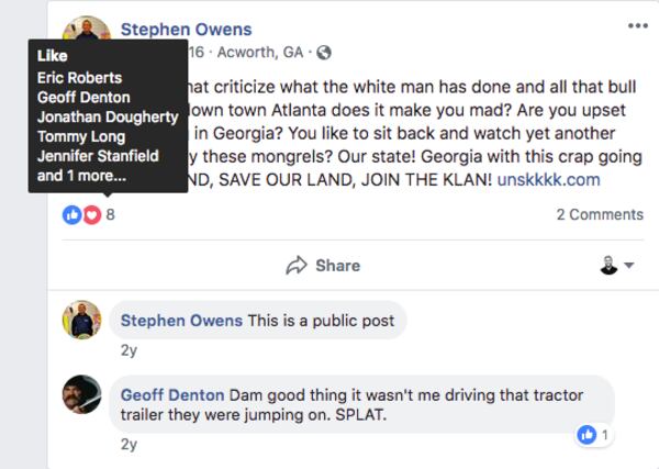 Stephen Owens' Facebook page posted this statement about the Black Lives Matter movement in Georgia, which officer Tommy Long's Facebook account liked, HuffPost reported. (Photo: HuffPost)