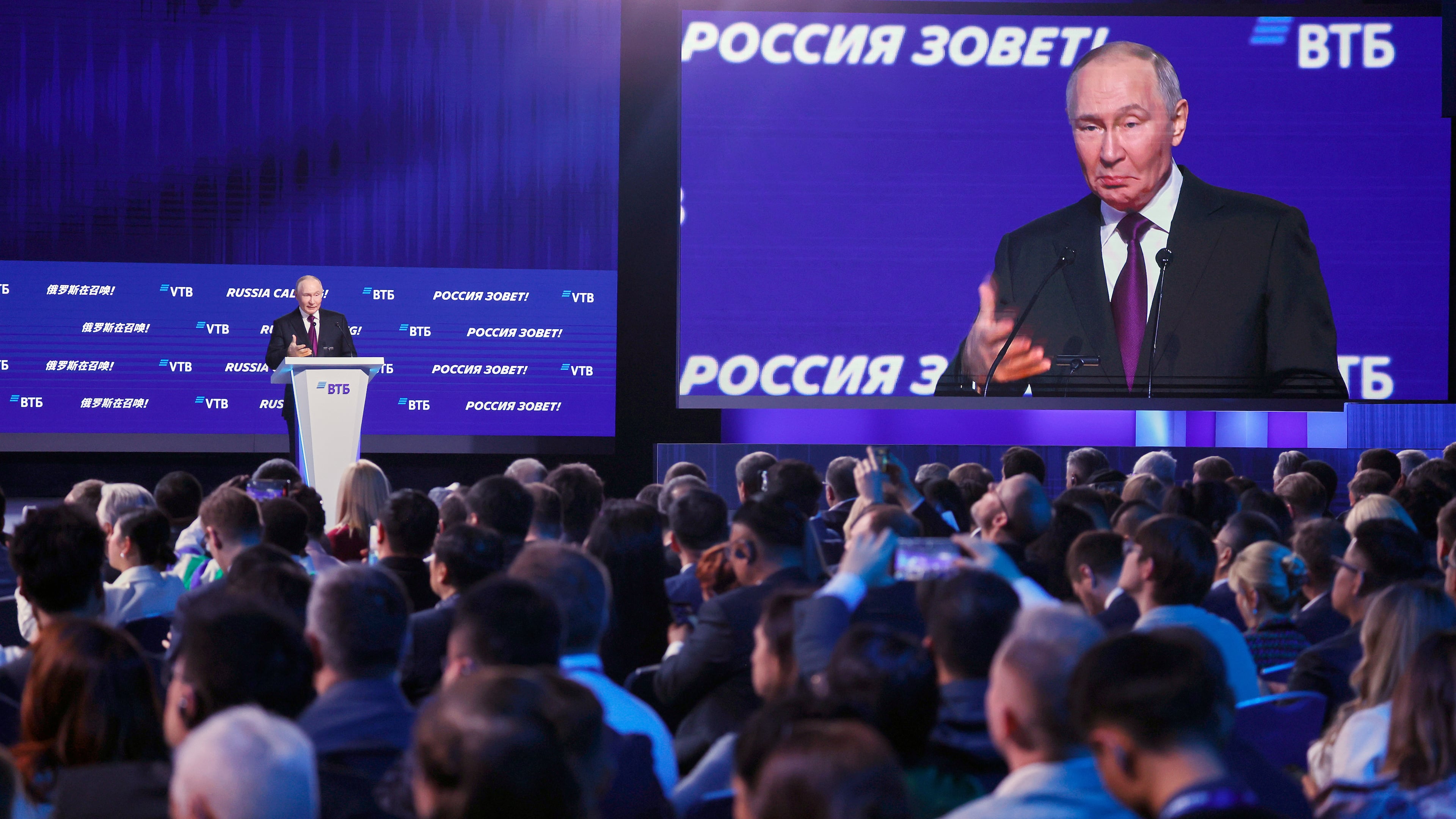 Russian President Vladimir Putin gestures while speaking at the plenary session of the VTB "Russia Calling" Investment forum in Moscow, Tuesday, Dec. 2, 2025. (Sergei Ilnitsky/Pool Photo via AP)