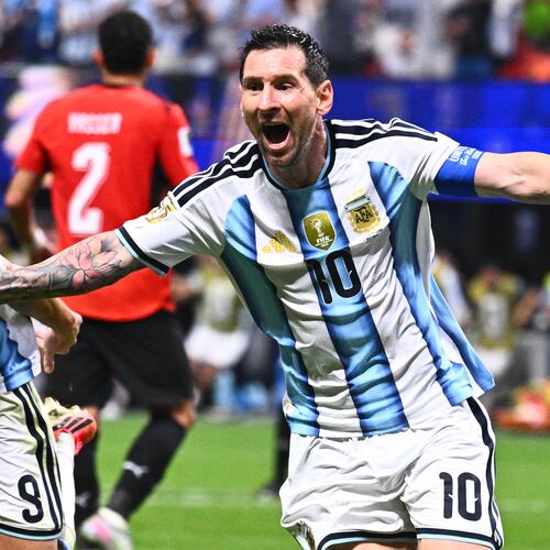 Argentina's Lionel Messi (10) celebrates scoring their second goal during the World Cup round of 16 soccer match between Argentina and Egypt in Atlanta, Tuesday, July 7, 2026. (AP Photo)