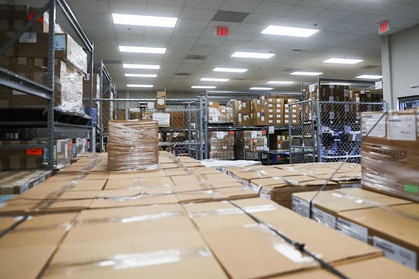 Despite rows of boxes of products lining the walls at the Femasys manufacturing facility in Suwanee, founder Kathy Lee-Sepsick says the company still has a ways to go to meet demand for its products. (Abbey Cutrer/AJC) 