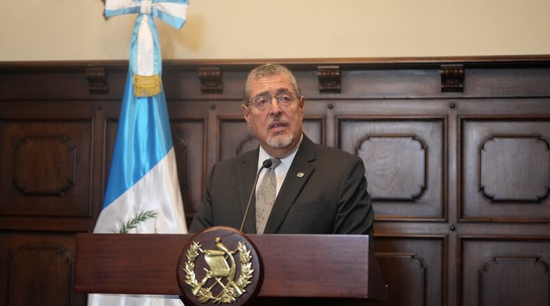 FILE - Guatemalan President Bernardo Arevalo speaks to reporters in Guatemala City, March 5, 2026. (AP Photo/Moises Castillo, File)