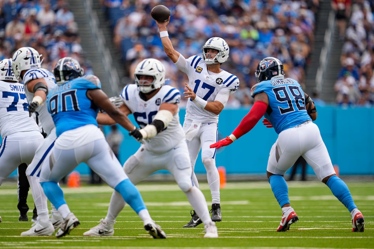 Indianapolis Colts quarterback Daniel Jones throws against the Tennessee Titans during an NFL game Sunday, Sept. 21, 2025, in Nashville, Tenn. (George Walker IV/AP)