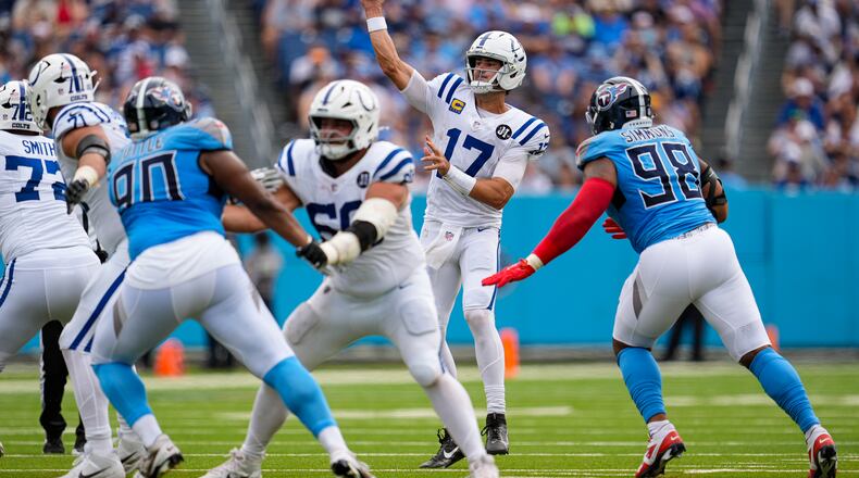 Indianapolis Colts quarterback Daniel Jones throws against the Tennessee Titans during an NFL game Sunday, Sept. 21, 2025, in Nashville, Tenn. (George Walker IV/AP)