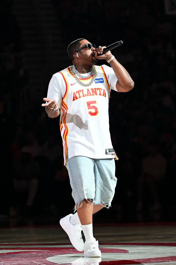 Musician Lil Scrappy performs during the halftime show of Game 4 during the first round of the NBA playoffs at State Farm Arena on Saturday, April 25, 2026, in Atlanta. (Daniel Varnado for the AJC)