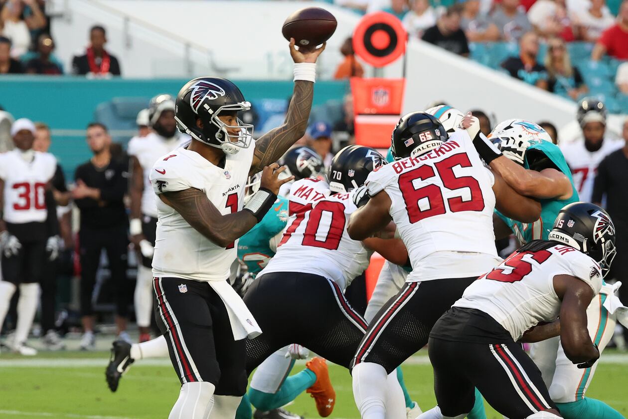 Falcons quarterback Tua Tagovailoa (1) passes against the Miami Dolphins during the first half of an NFL preseason football game, Friday, Aug. 28, 2026, in Miami Gardens, Fla. (AP Photo/David Santiago)