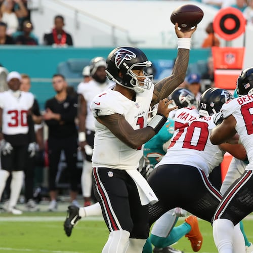 Falcons quarterback Tua Tagovailoa (1) passes against the Miami Dolphins during the first half of an NFL preseason football game, Friday, Aug. 28, 2026, in Miami Gardens, Fla. (AP Photo/David Santiago)