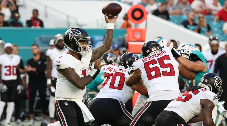 Falcons quarterback Tua Tagovailoa (1) passes against the Miami Dolphins during the first half of an NFL preseason football game, Friday, Aug. 28, 2026, in Miami Gardens, Fla. (AP Photo/David Santiago)